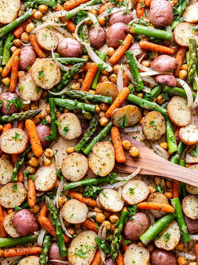 top down view of vegan sheet pan dinner.