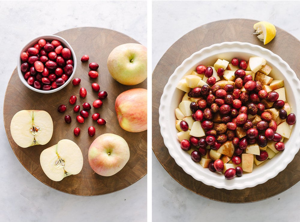 VEGAN APPLE & CRANBERRY CRISP: apples and cranberries mixed with lemon and cinnamon in baking dish