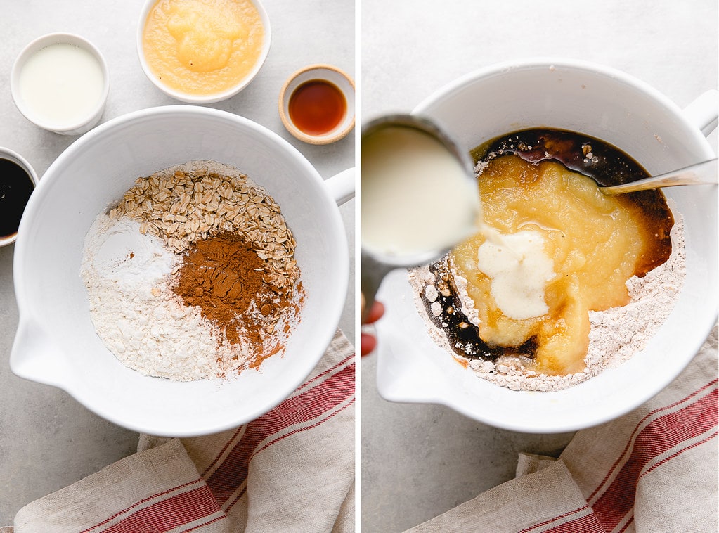 side by side photos showing the process of making vegan applesauce bread.