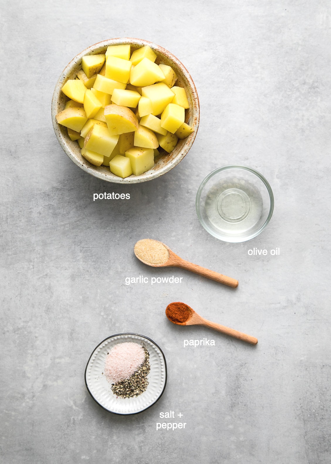 top down view of ingredients used to make easy oven roasted breakfast potatoes.