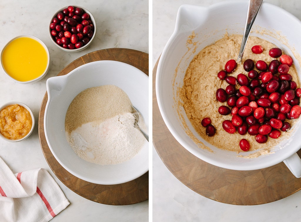 side by side photos showing the process of making cranberry orange bread.