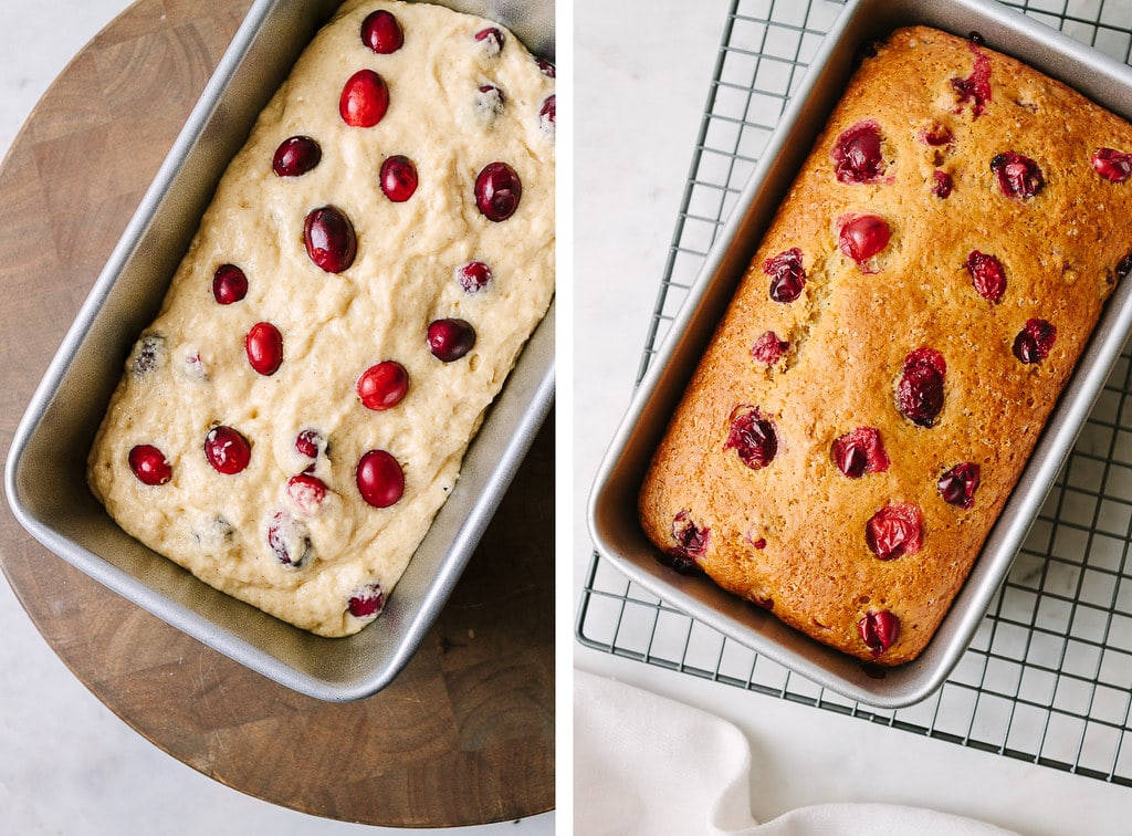 side by side photos of batter in loaf pan before and after baking.