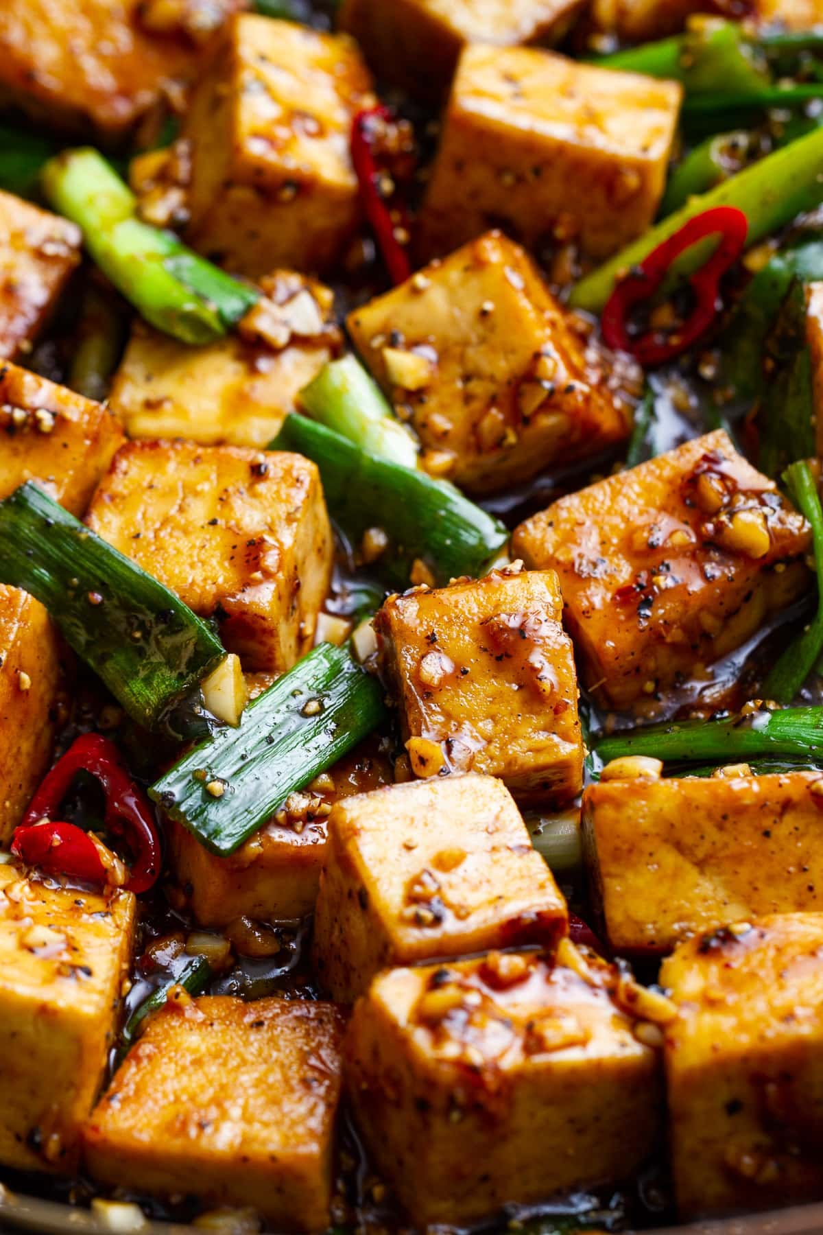 up close view of healthy black pepper tofu.