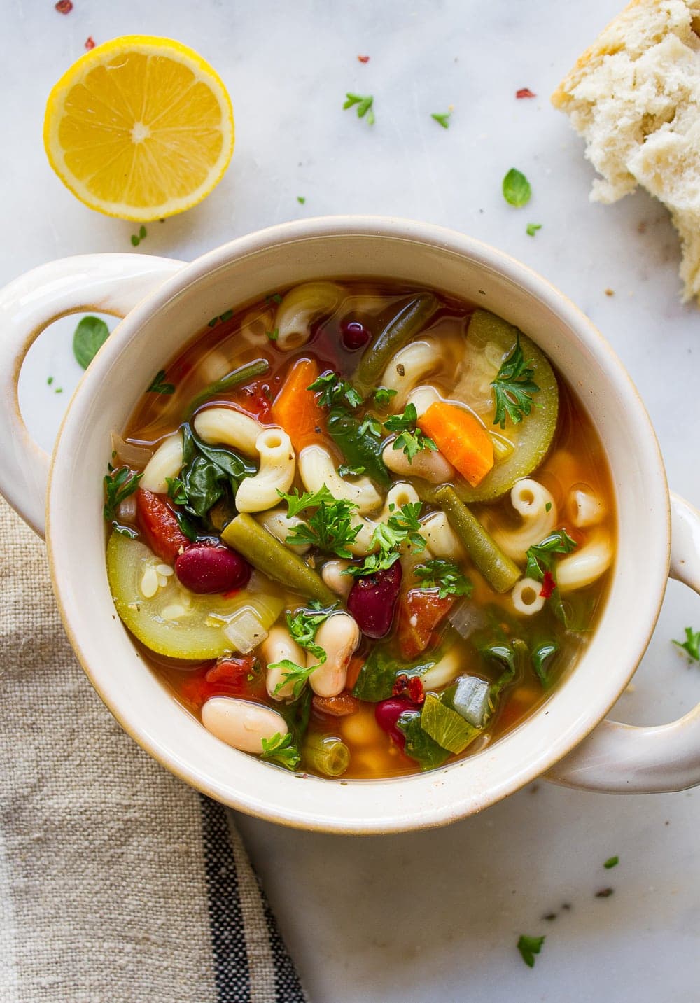 top down view of a bowl full of freshly made easy slow cooker minestrone.