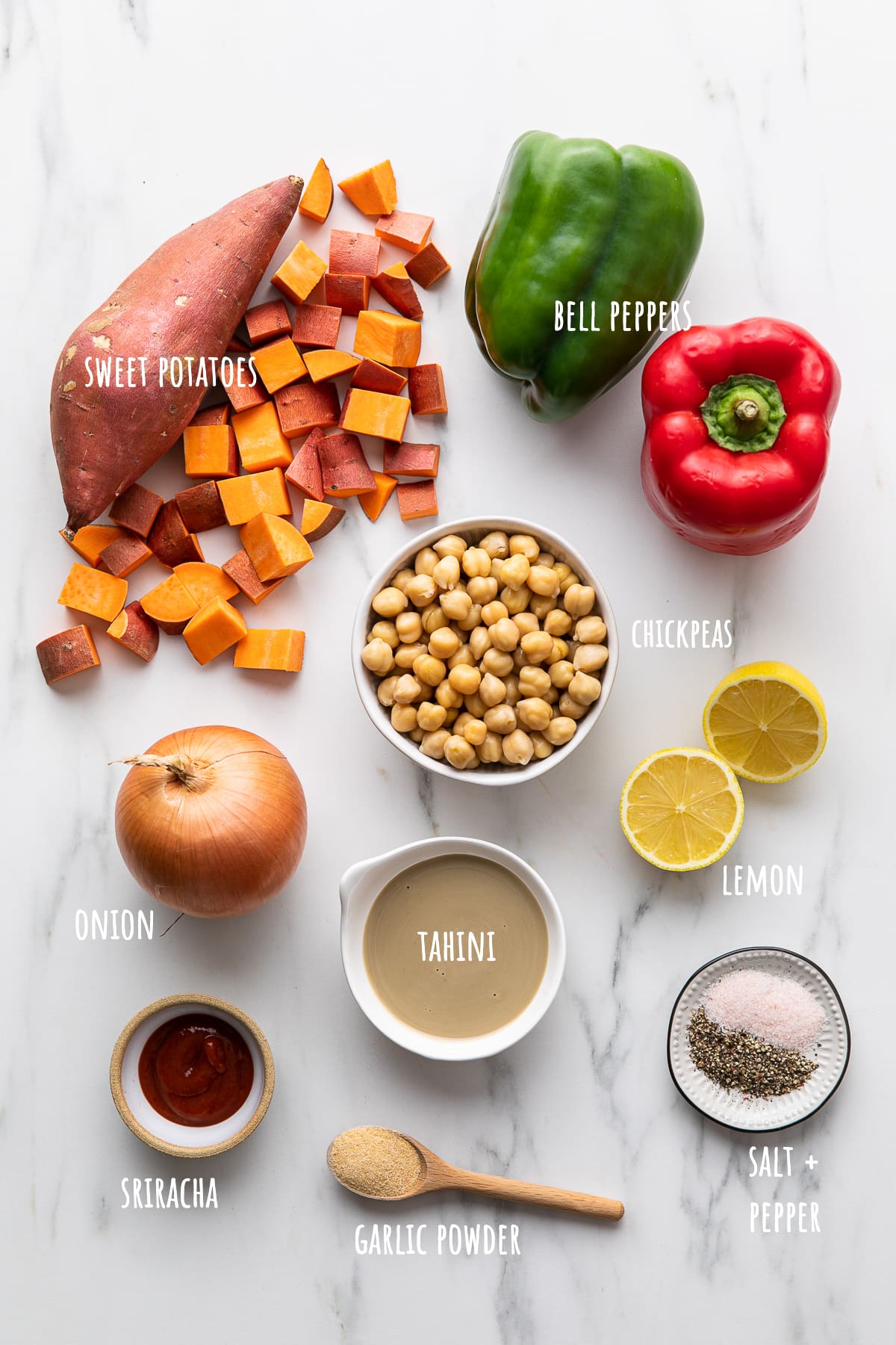 top down view of ingredients used to make best sweet potato breakfast hash.