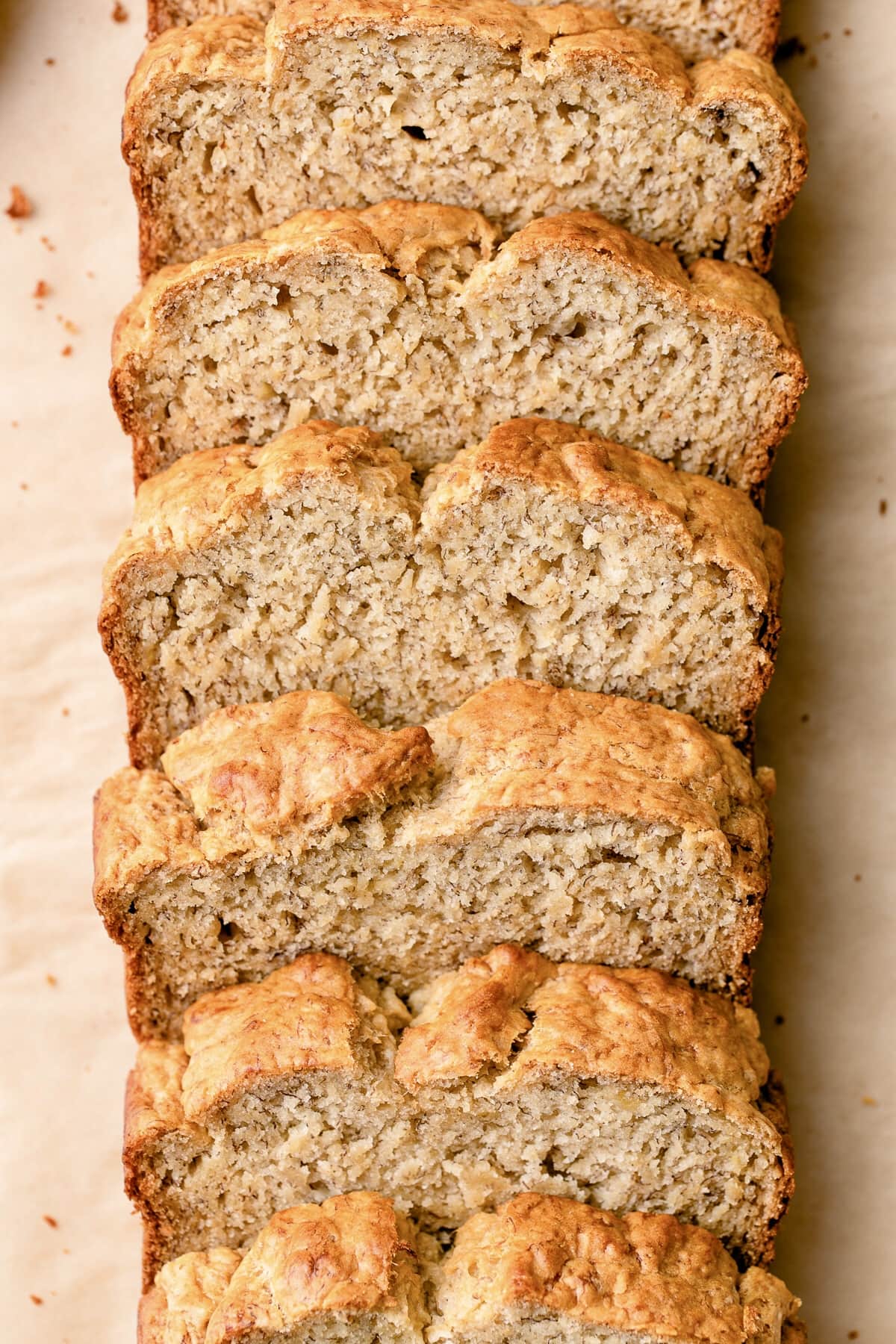 top down view of sliced vegan banana bread.