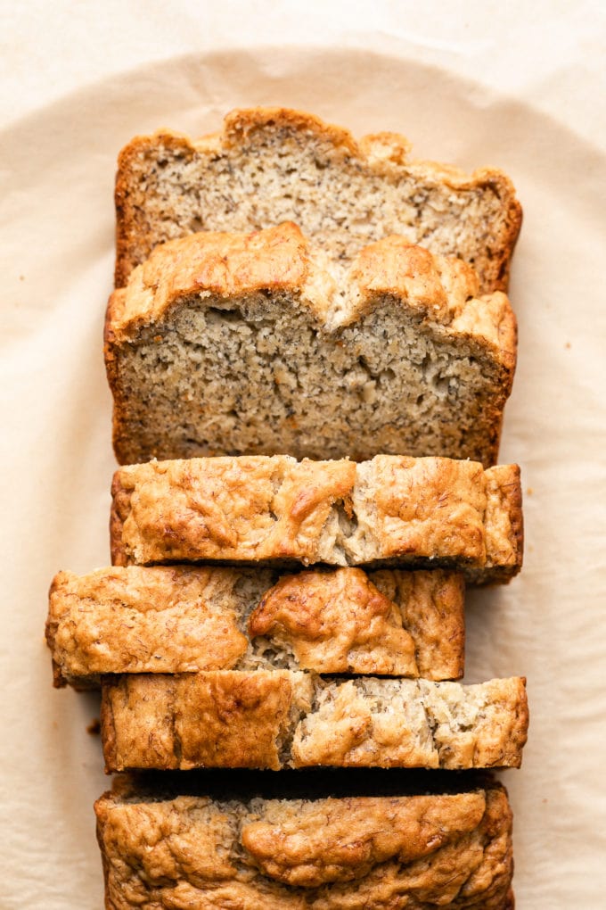 top down view of sliced vegan banana bread.