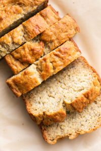 top down view of sliced vegan banana bread.