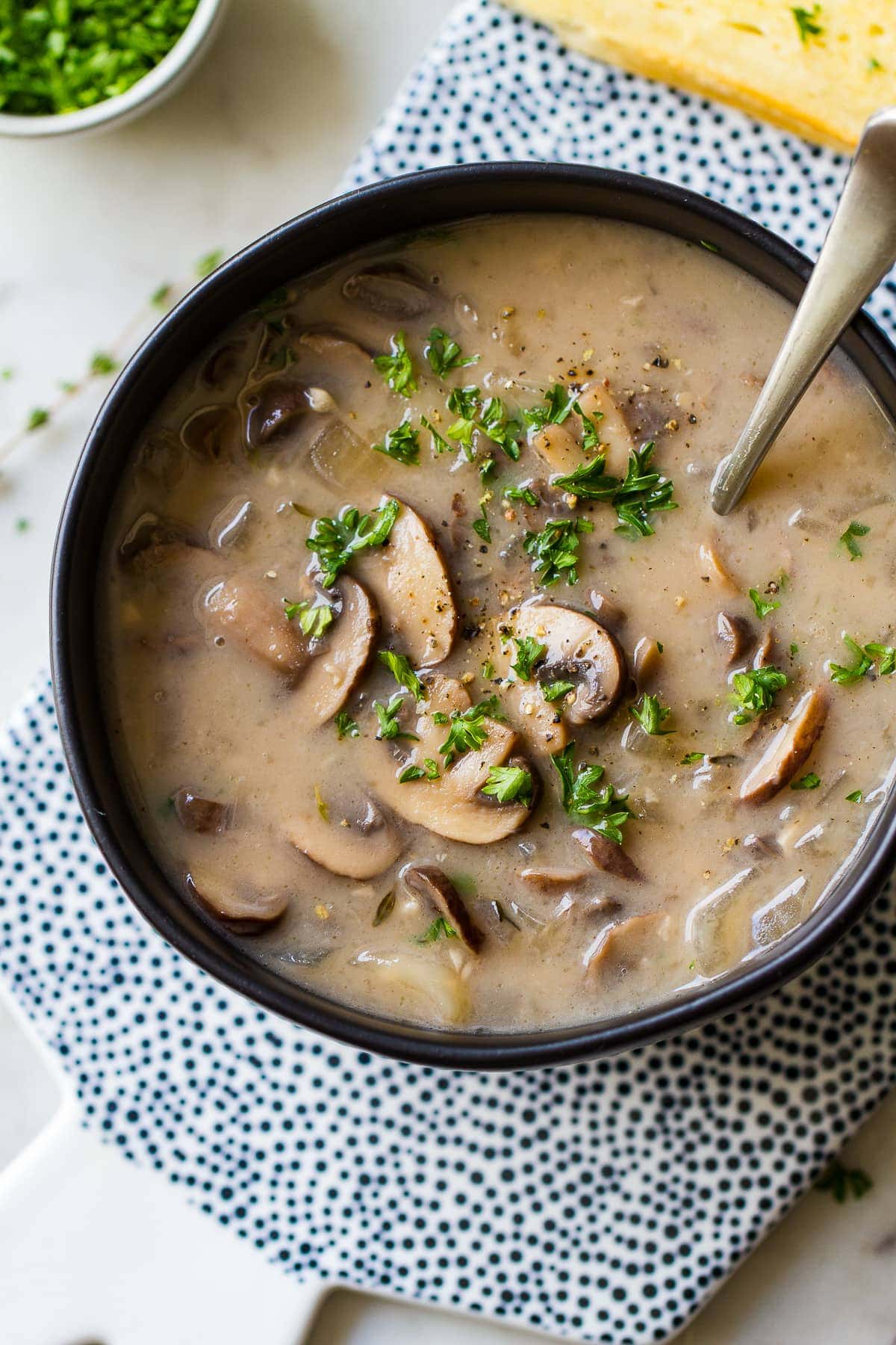 top down view of a bowl of vegan mushroom soup.