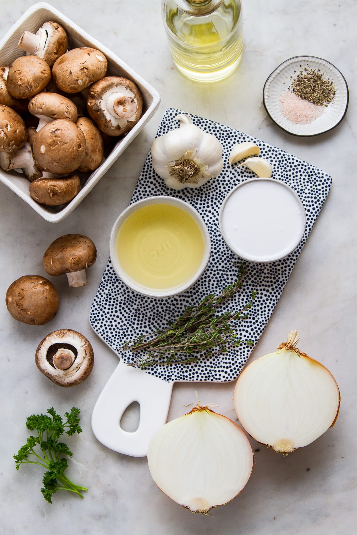 top down view of a few of the ingredients to make vegan mushroom soup.