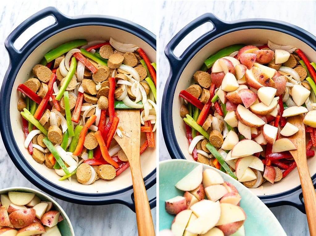 side by side photos showing the process of making vegan sausage, pepper, and potato recipe.