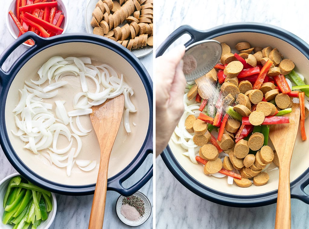 side by side photos showing the process of sauteeing veggies and sausage in a blue pot.