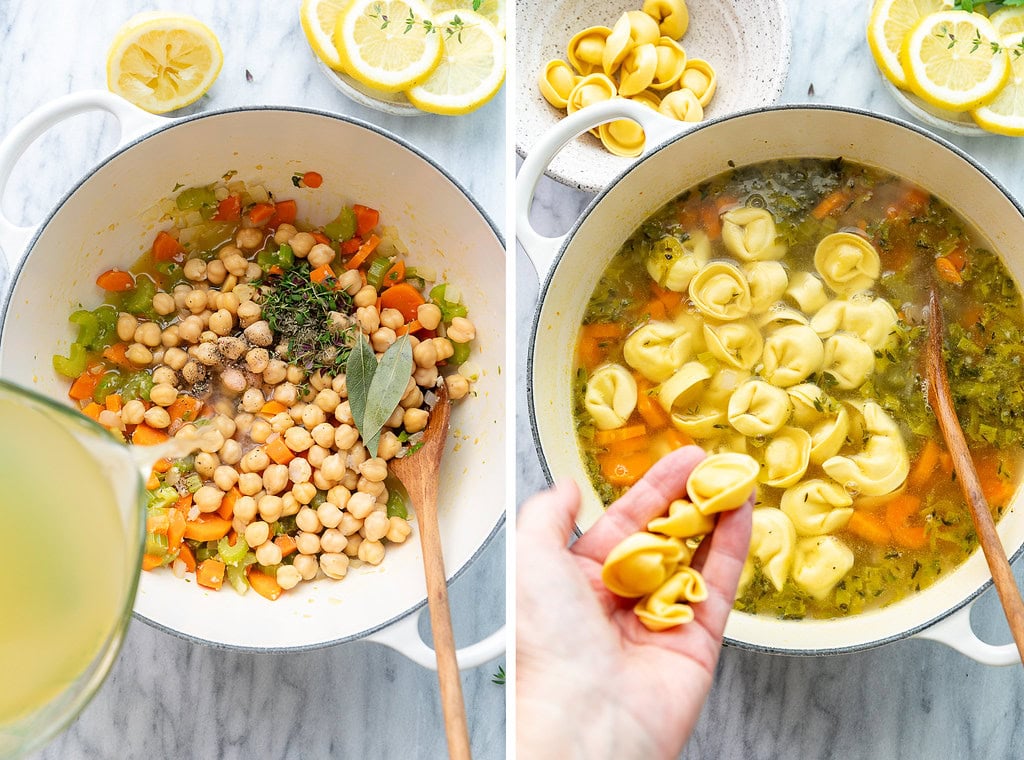 side by side photos of veg broth being poured into white soup pot and tortellinis.