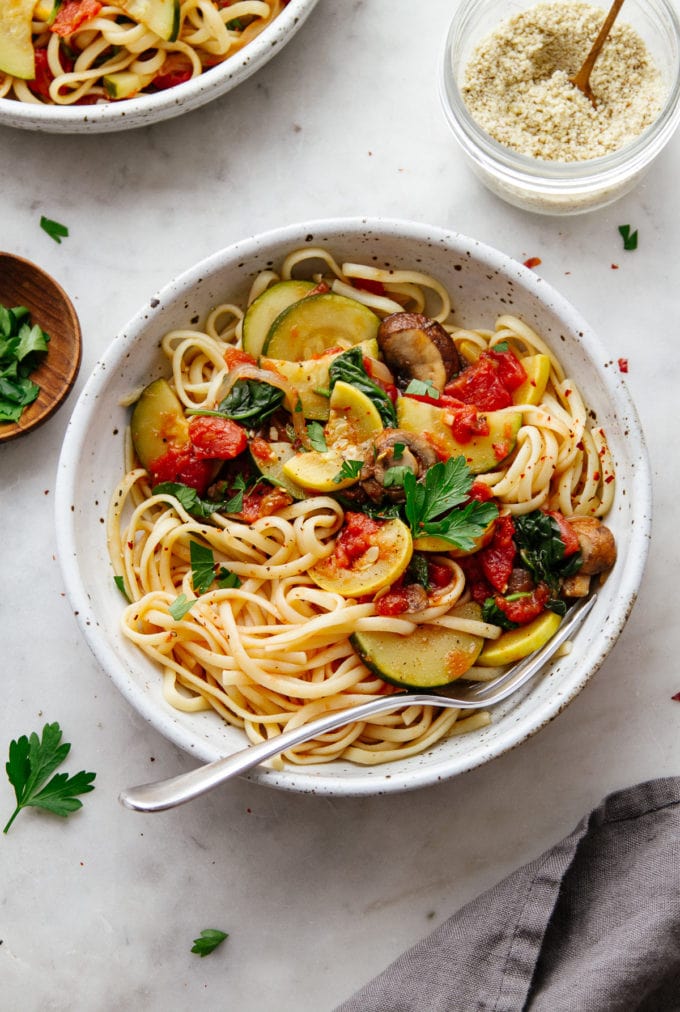 top down view of a bowl with a serving of the best vegetable spaghetti with fork.