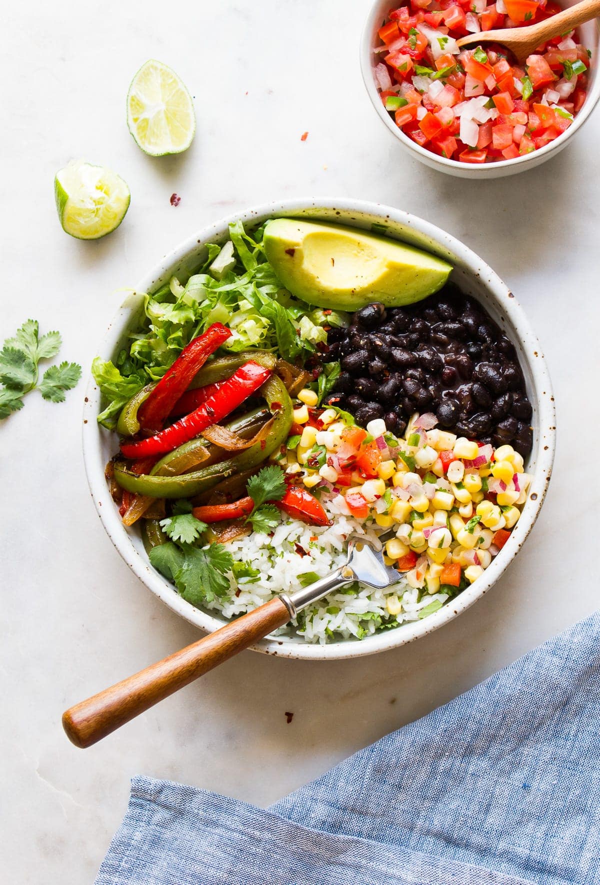 top down view of vegan black bean burrito bowl.