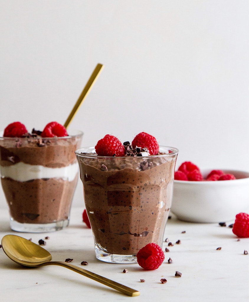 head on view of chocolate chia pudding parfaits.