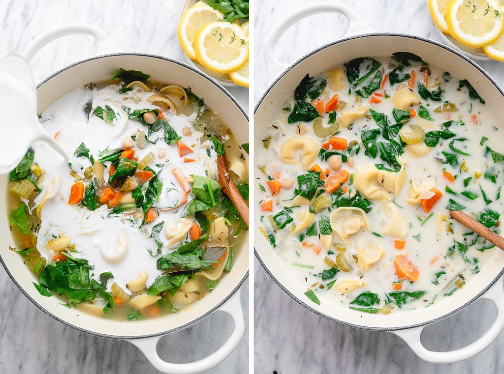 side by side photos of before and after cream poured into soup pot.