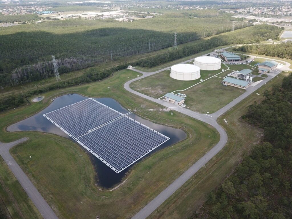 a floating solar array at a wastewater treatment plant