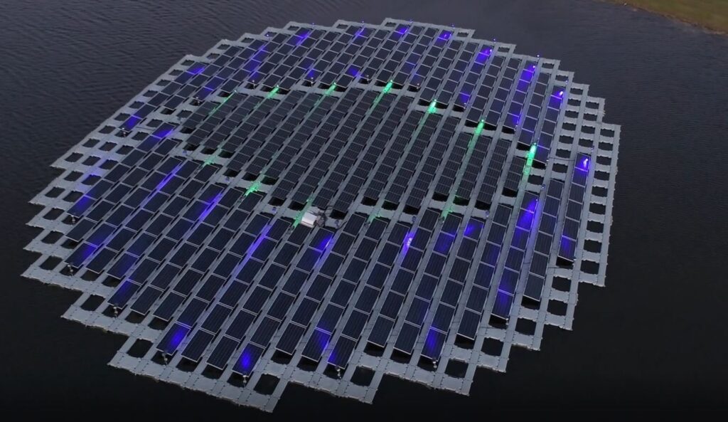 A floating solar array with Orlando International Airport logo