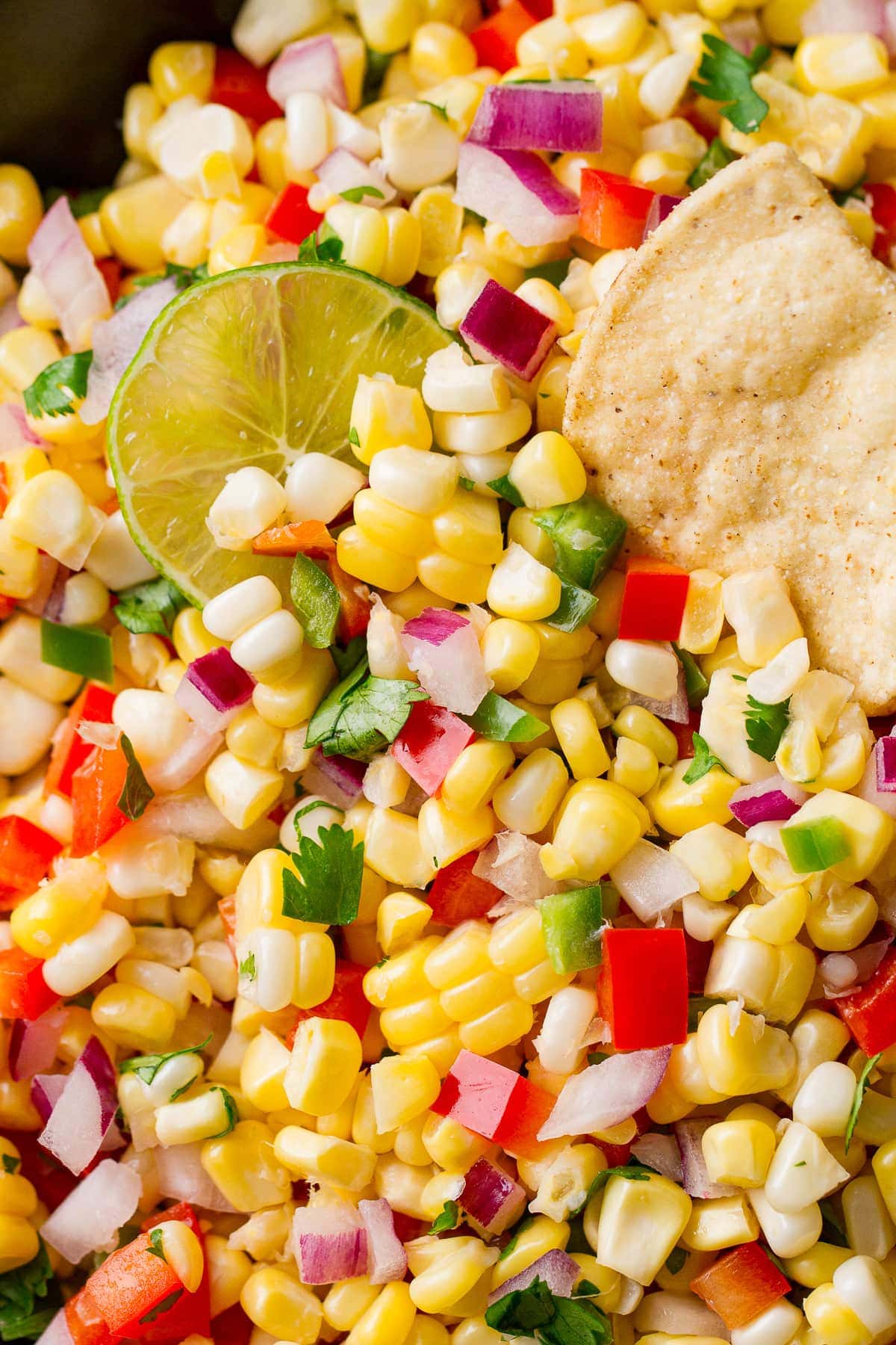 up close view of fresh corn salsa.