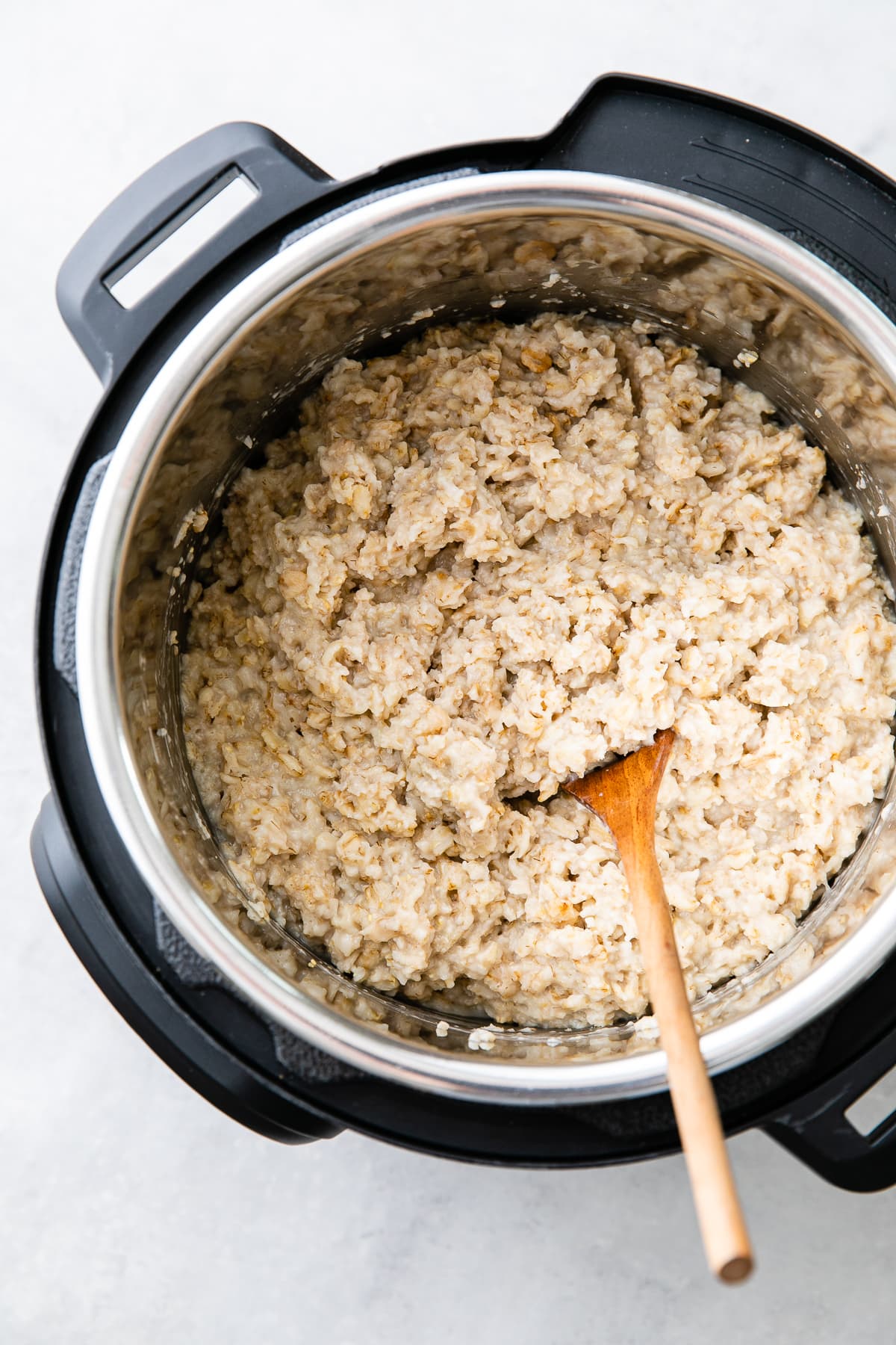 top down view of freshly cooked healthy oatmeal.