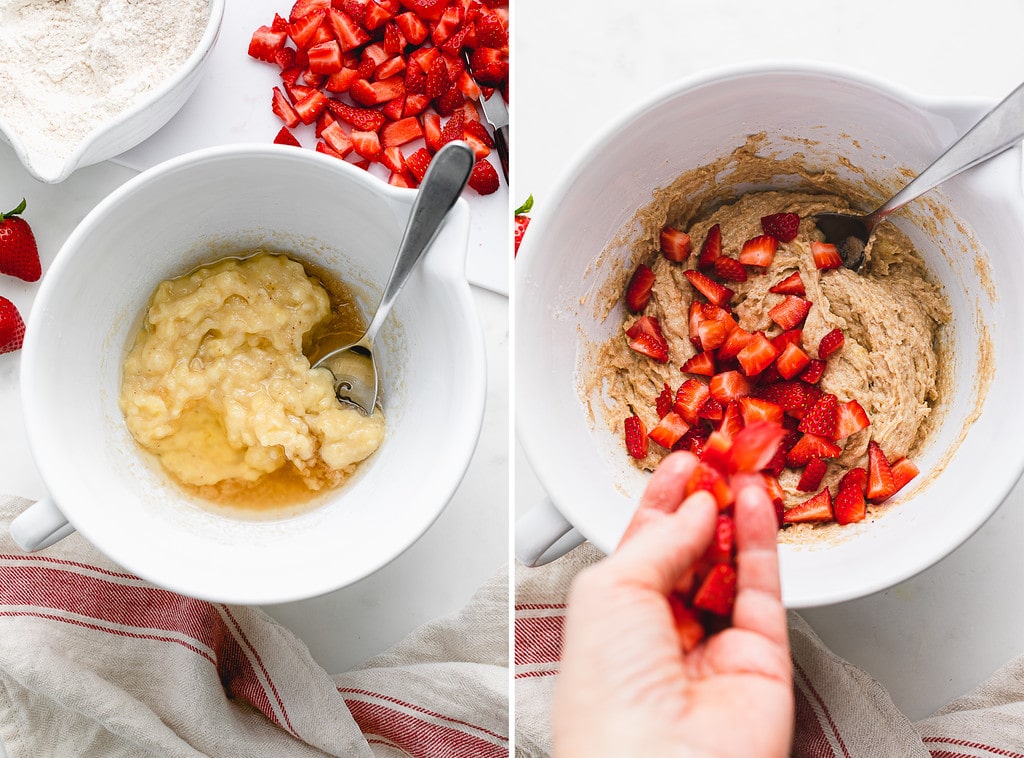 side by side photos showing the process of making banana strawberry muffins.