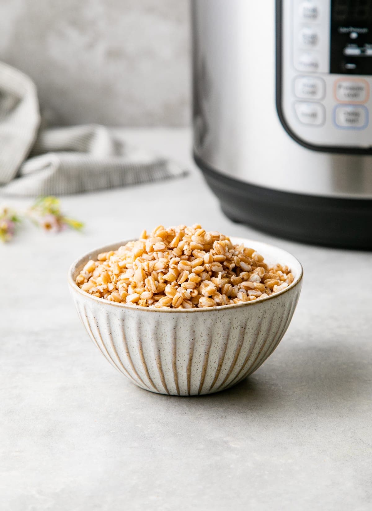 head on view of a bowl filled with farro and instant pot in the background.