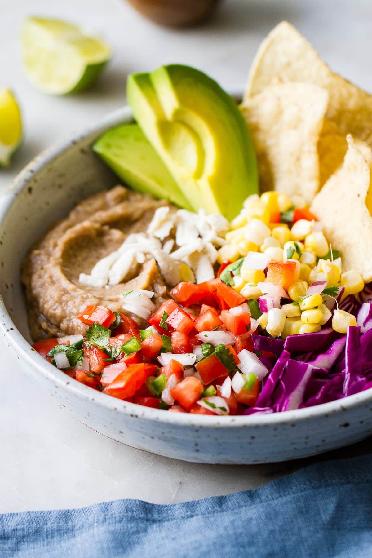 side angle view of easy vegan nacho bowl.