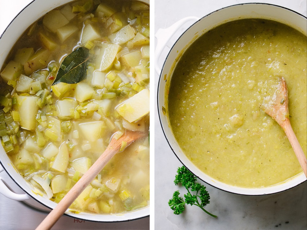 potato leek soup simmering in a pot and pureed