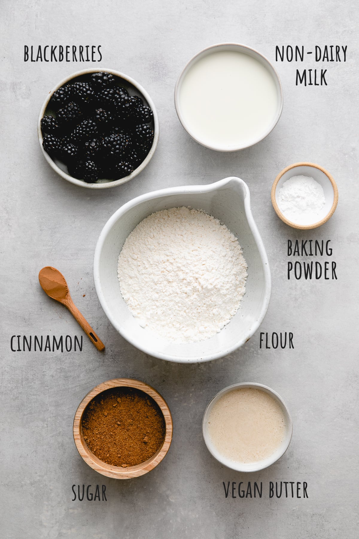 top down view of ingredients used to make southern-style vegan blackberry cobbler recipe.