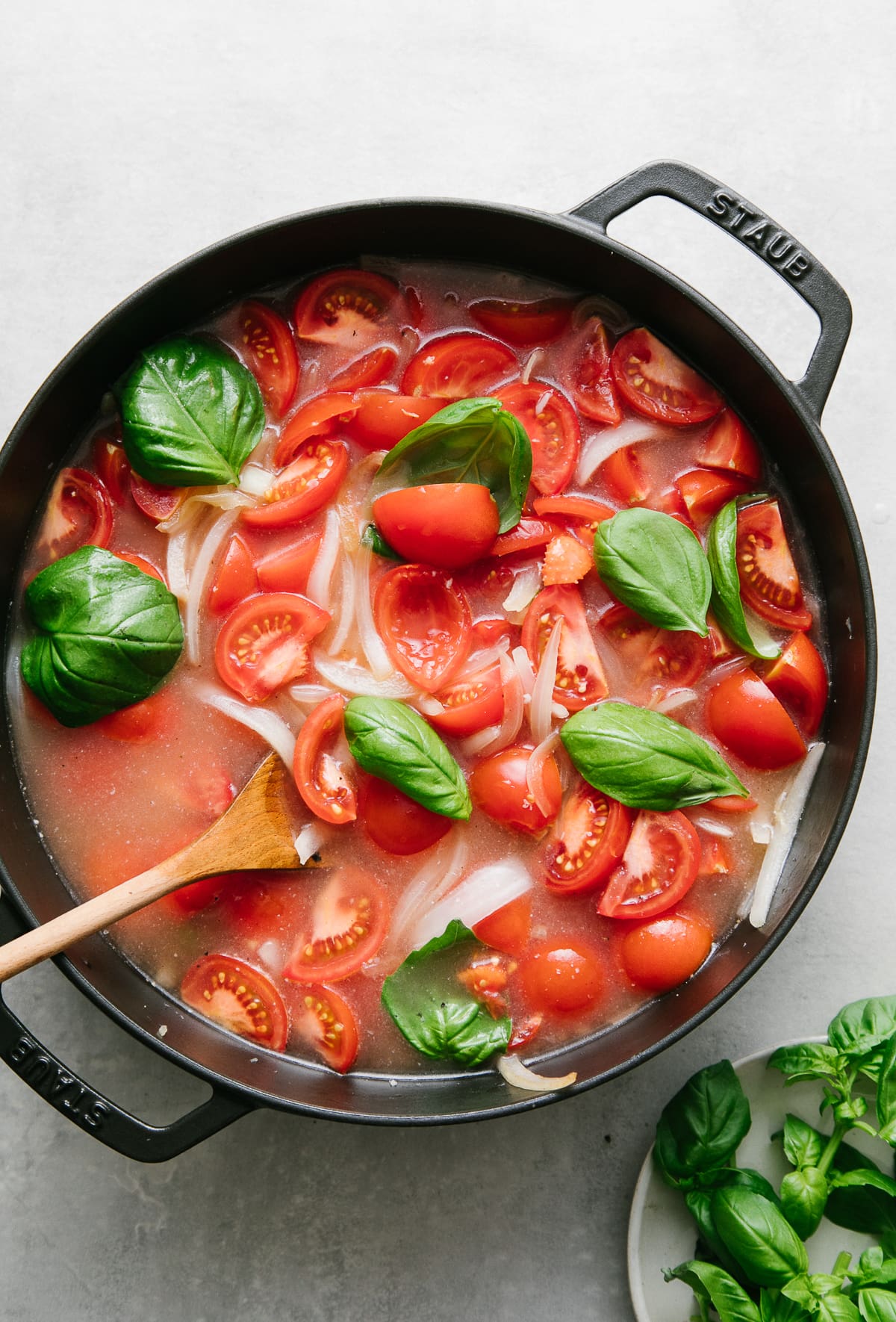 top down view of ingredients added to a pot and ready to bring to a boil and simmer.