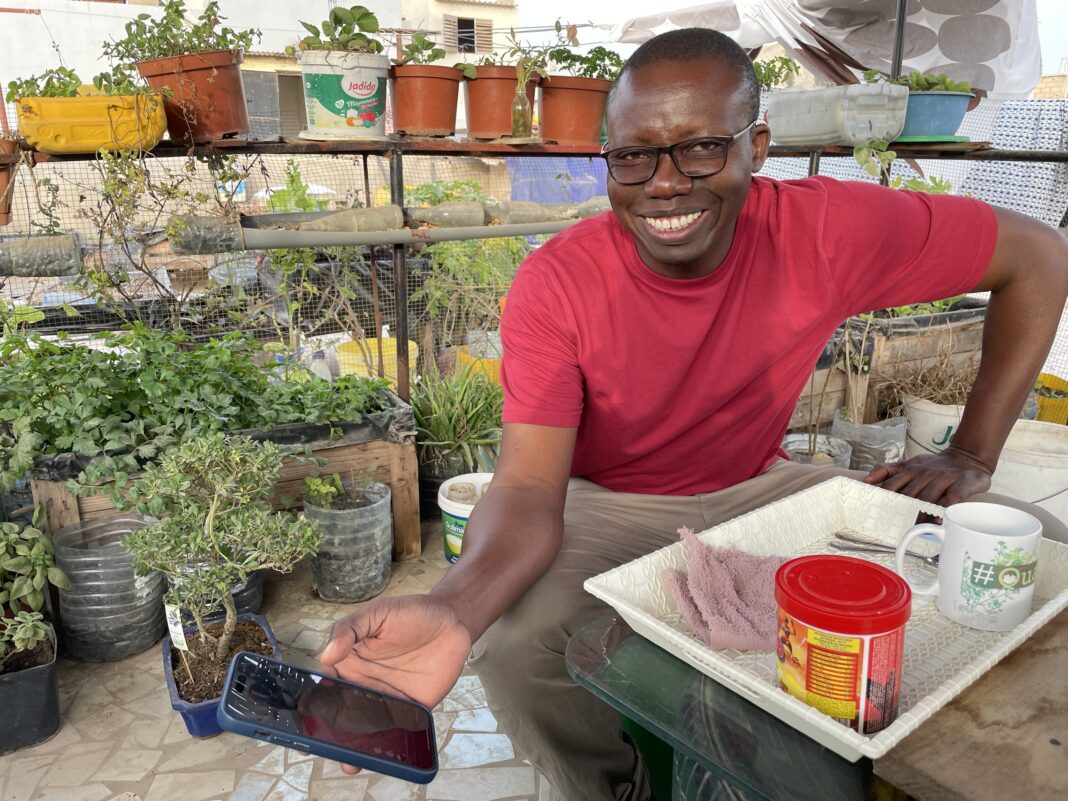 man in red shirt surrounded by plants