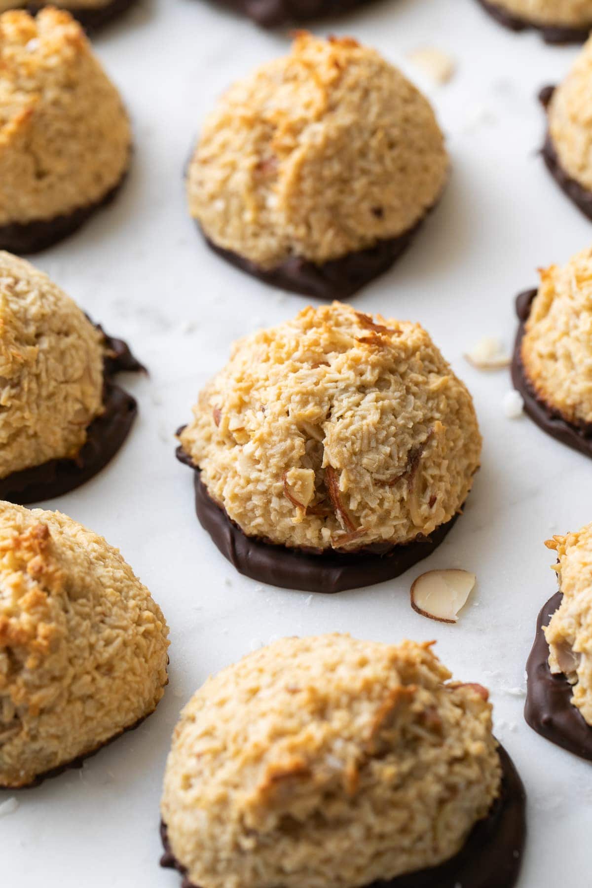 side angle view of a group of coconut macaroons.