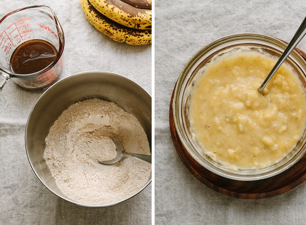 side by side photos of process of prepping ingredients for healthy vegan banana chocolate chip muffins.