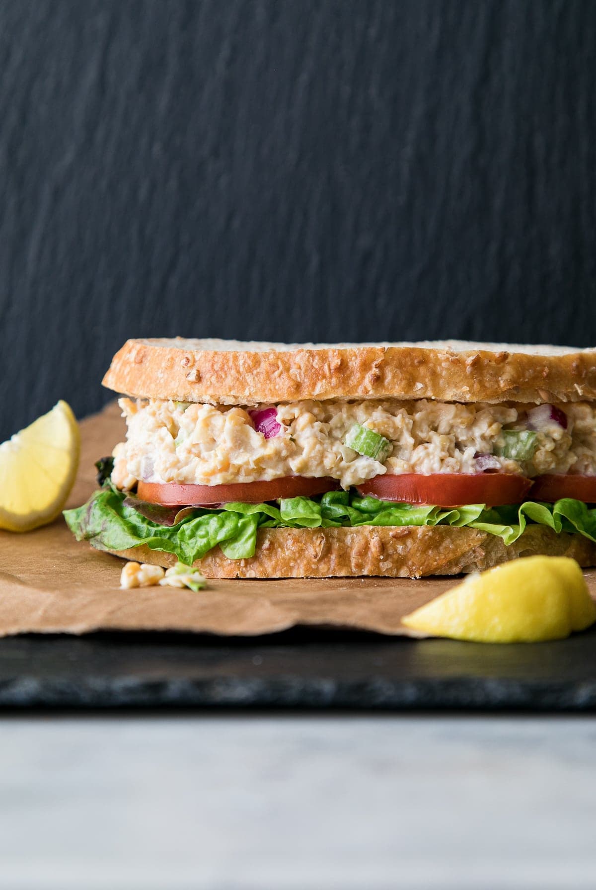 head on view of vegan chickpea tuna salad.