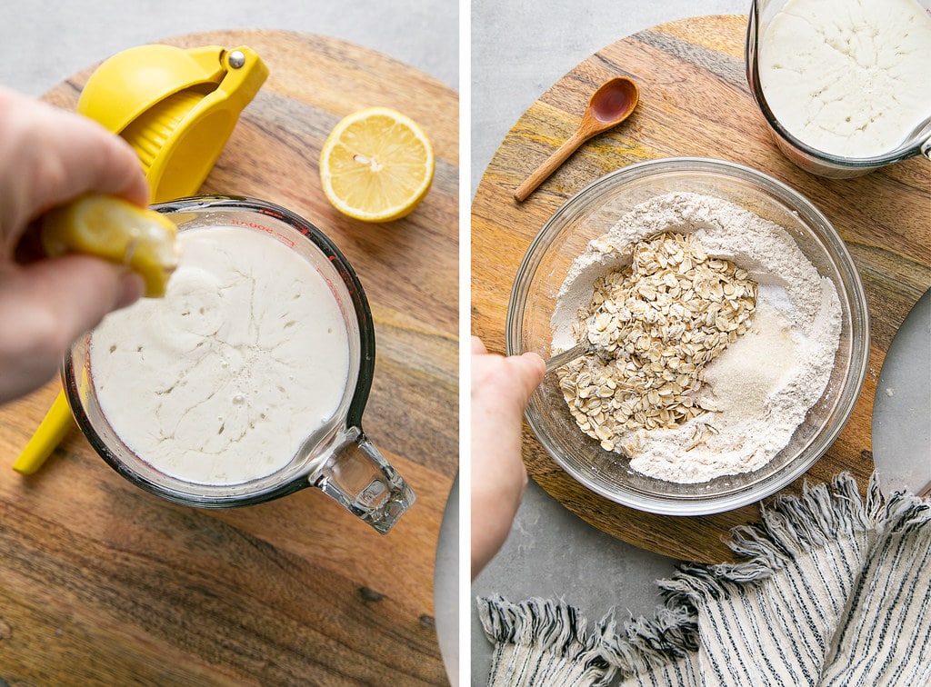 side by side photos showing the process of making vegan buttermilk and oatmeal pancake mix.