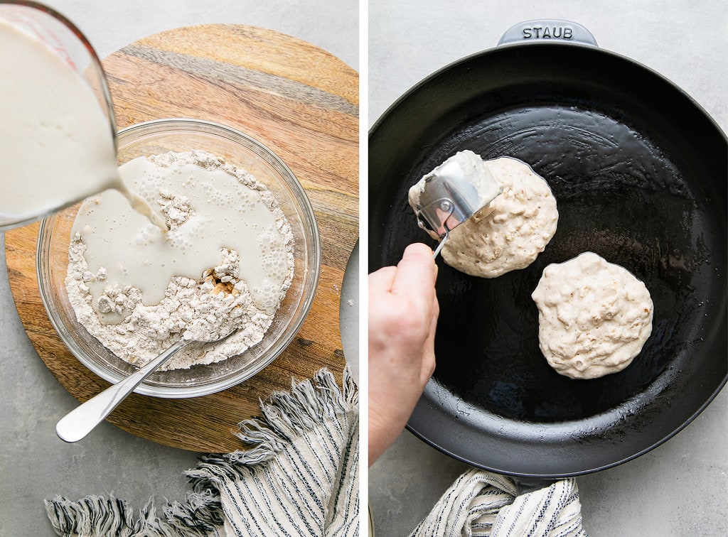 side by side photos showing the process of making vegan oatmeal pancake batter and cooking pancakes.