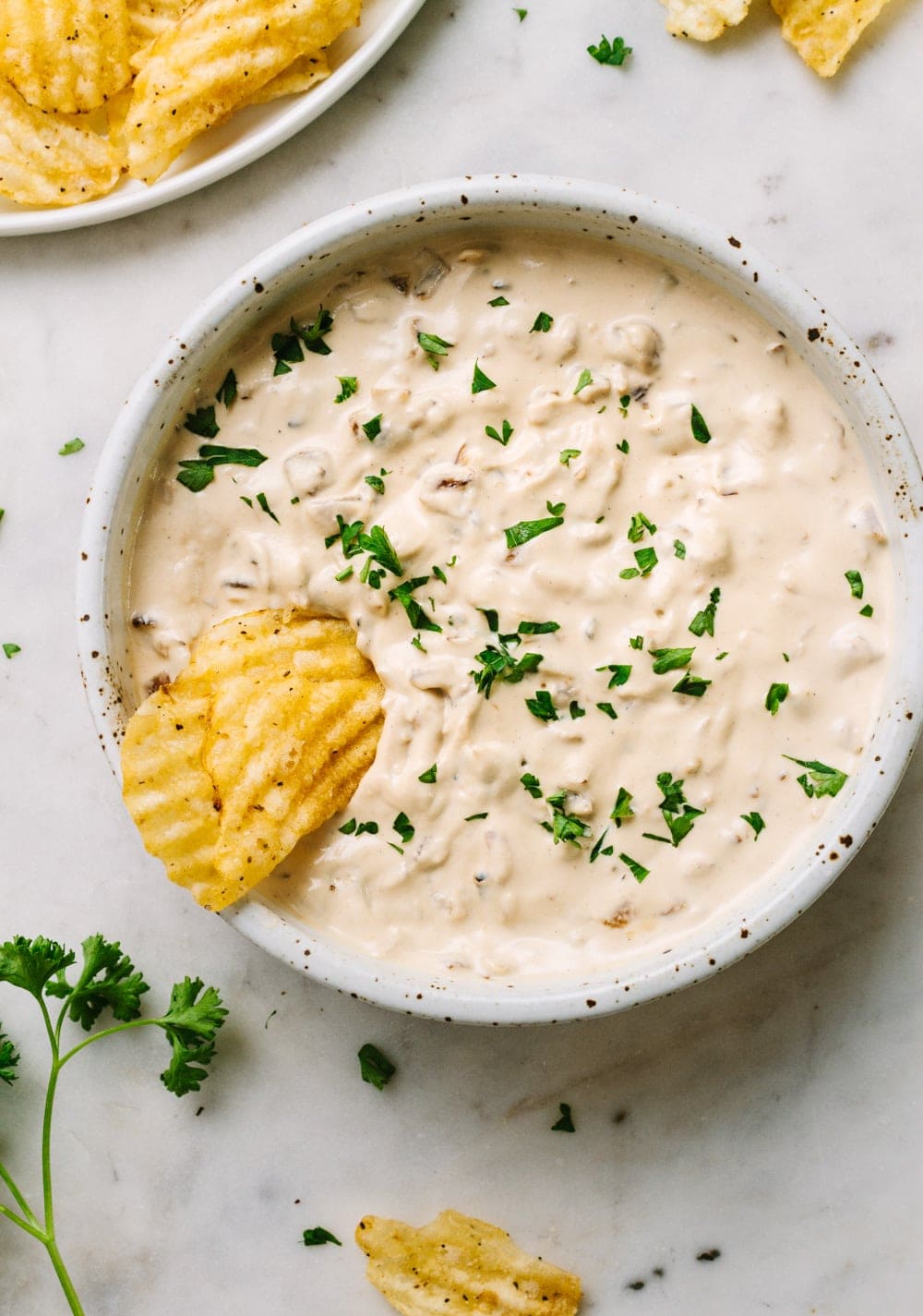 creamy caramelized vegan french onion dip in a bowl with chip