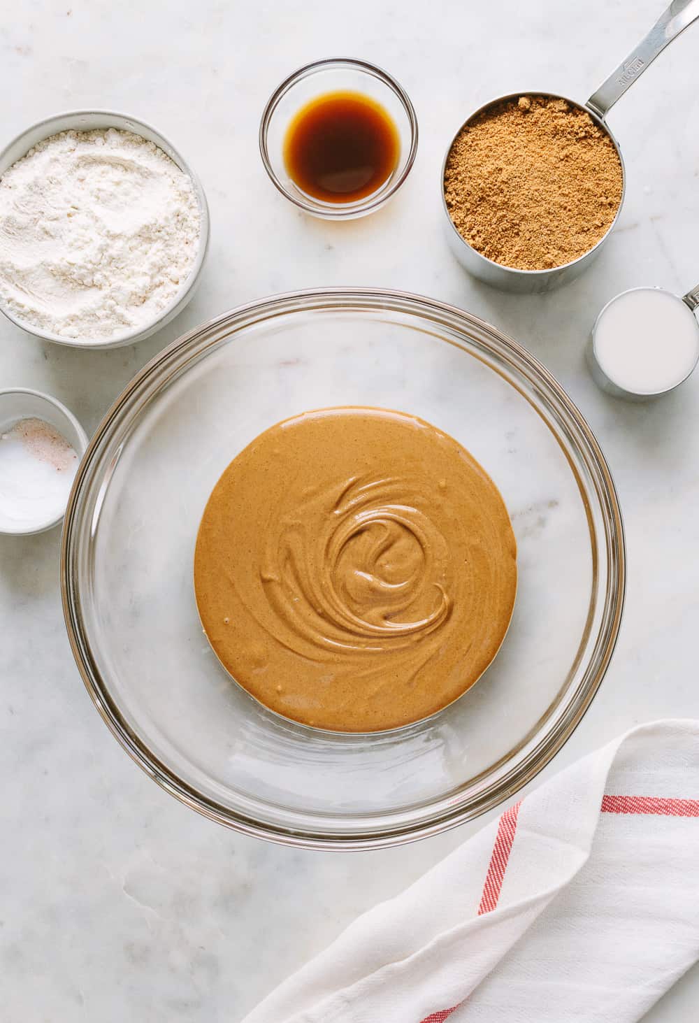 top down view of the ingredients needed to make vegan peanut butter cookies.