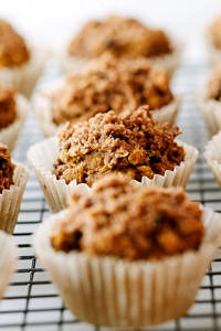 head on view of vegan pumpkin oat muffins cooling on a wire rack.